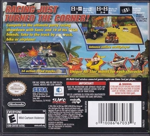 Sonic and Sega All-Stars Racing - Amerikansk Version - Nintendo DS (B Grade) (Genbrug)